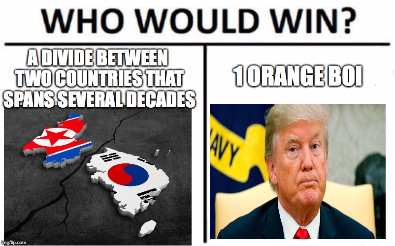 Who Would Win? | 1 ORANGE BOI; A DIVIDE BETWEEN TWO COUNTRIES THAT SPANS SEVERAL DECADES | image tagged in memes,who would win,funny,korea,trump,current events | made w/ Imgflip meme maker