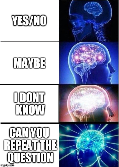 you're not the boss of me now! | YES/NO; MAYBE; I DONT KNOW; CAN YOU REPEAT THE QUESTION | image tagged in memes,expanding brain | made w/ Imgflip meme maker