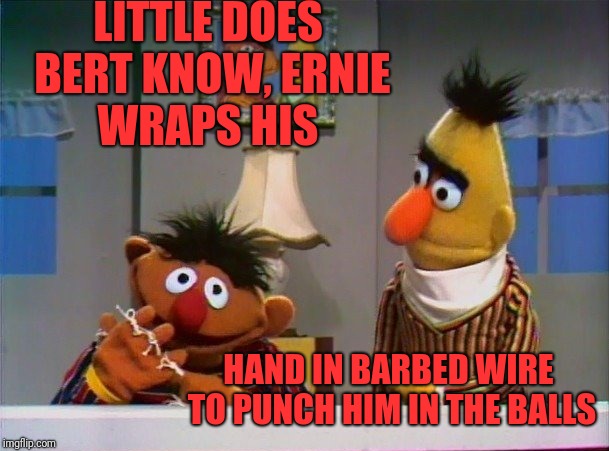Ernie got cold a.f. | LITTLE DOES BERT KNOW, ERNIE WRAPS HIS; HAND IN BARBED WIRE TO PUNCH HIM IN THE BALLS | image tagged in funny,memes,dank,bert and ernie,falcon punch,check yourself | made w/ Imgflip meme maker