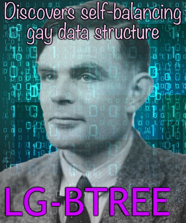 Alan Turing | Discovers self-balancing gay data structure; LG-BTREE | image tagged in memes,alan turing,computer science | made w/ Imgflip meme maker