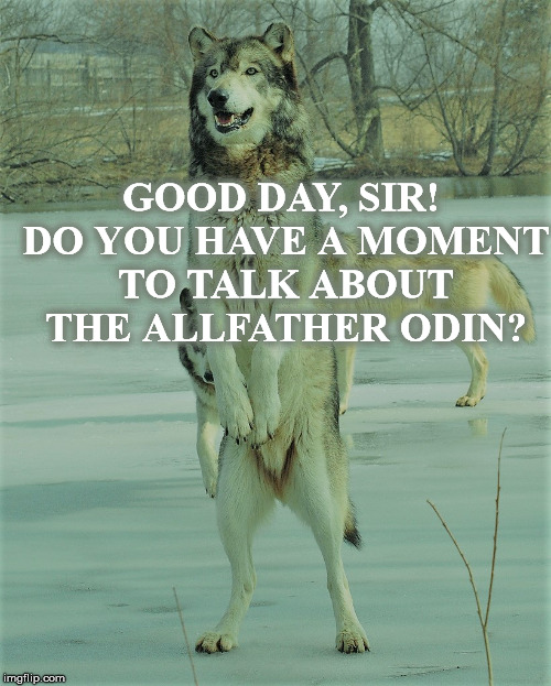 Good day, Sir! Do you have a moment to talk about the Allfather Odin? | GOOD DAY, SIR! DO YOU HAVE A MOMENT TO TALK ABOUT THE ALLFATHER ODIN? | image tagged in wolf,odin,thor,jesus christ | made w/ Imgflip meme maker