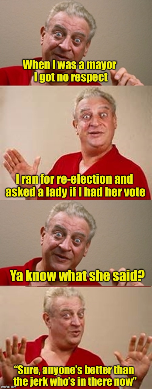 No respect | When I was a mayor I got no respect; I ran for re-election and asked a lady if I had her vote; Ya know what she said? “Sure, anyone’s better than the jerk who’s in there now” | image tagged in bad pun rodney dangerfield,memes,election | made w/ Imgflip meme maker