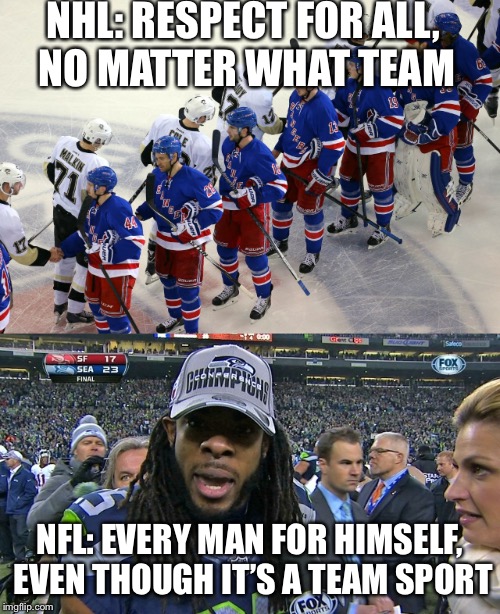 NHL: RESPECT FOR ALL, NO MATTER WHAT TEAM; NFL: EVERY MAN FOR HIMSELF, EVEN THOUGH IT’S A TEAM SPORT | image tagged in nfl,nhl | made w/ Imgflip meme maker