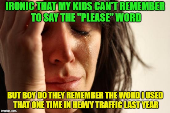 Kids remember the darnedest things. | IRONIC THAT MY KIDS CAN'T REMEMBER TO SAY THE "PLEASE" WORD; BUT BOY DO THEY REMEMBER THE WORD I USED THAT ONE TIME IN HEAVY TRAFFIC LAST YEAR | image tagged in memes,first world problems,funny,kids | made w/ Imgflip meme maker