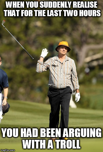 Bill Murray Golf | WHEN YOU SUDDENLY REALISE THAT FOR THE LAST TWO HOURS; YOU HAD BEEN ARGUING WITH A TROLL | image tagged in memes,bill murray golf | made w/ Imgflip meme maker