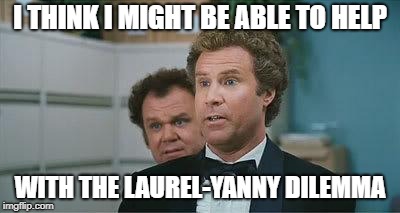Stepbrothers | I THINK I MIGHT BE ABLE TO HELP; WITH THE LAUREL-YANNY DILEMMA | image tagged in stepbrothers | made w/ Imgflip meme maker