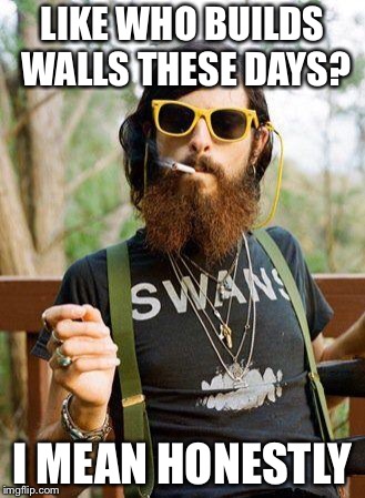 hipster | LIKE WHO BUILDS WALLS THESE DAYS? I MEAN HONESTLY | image tagged in hipster | made w/ Imgflip meme maker