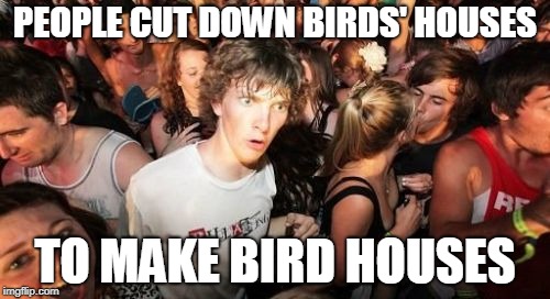 Sudden Clarity Clarence | PEOPLE CUT DOWN BIRDS' HOUSES; TO MAKE BIRD HOUSES | image tagged in memes,sudden clarity clarence | made w/ Imgflip meme maker