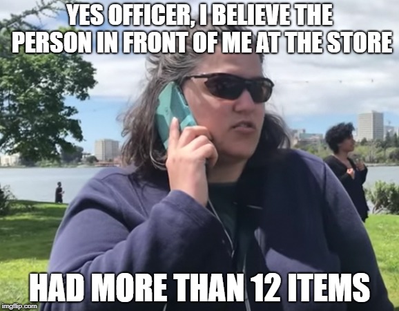 Supermarket Express Checkout Rage... | YES OFFICER, I BELIEVE THE PERSON IN FRONT OF ME AT THE STORE; HAD MORE THAN 12 ITEMS | image tagged in becky,bbq,supermarket | made w/ Imgflip meme maker