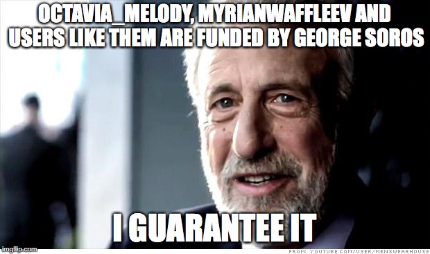 IM JOKING | OCTAVIA_MELODY, MYRIANWAFFLEEV AND USERS LIKE THEM ARE FUNDED BY GEORGE SOROS; I GUARANTEE IT | image tagged in memes,i guarantee it,funny,myrianwaffleev,octavia_melody,george soros | made w/ Imgflip meme maker