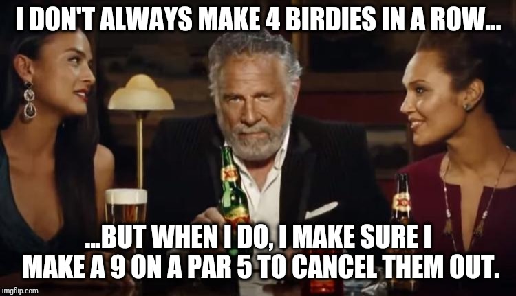 Birdies | I DON'T ALWAYS MAKE 4 BIRDIES IN A ROW... ...BUT WHEN I DO, I MAKE SURE I MAKE A 9 ON A PAR 5 TO CANCEL THEM OUT. | image tagged in golf | made w/ Imgflip meme maker