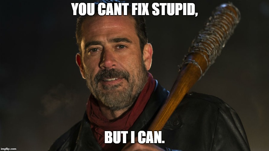 Death is the only cure. | YOU CANT FIX STUPID, BUT I CAN. | image tagged in negan and lucille,you can't fix stupid | made w/ Imgflip meme maker