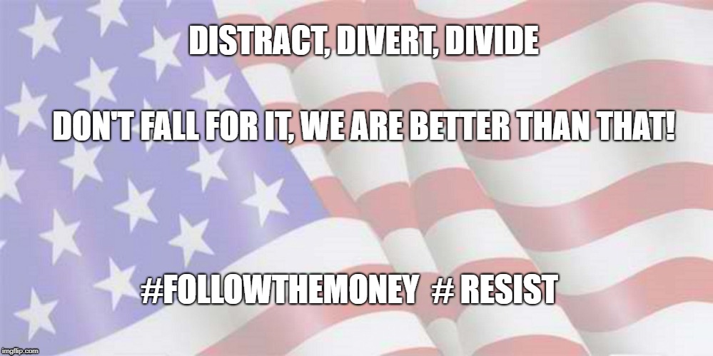 Don't fall for it | DISTRACT, DIVERT, DIVIDE; DON'T FALL FOR IT, WE ARE BETTER THAN THAT! #FOLLOWTHEMONEY  # RESIST | image tagged in faded american flag,resist,follow the money | made w/ Imgflip meme maker