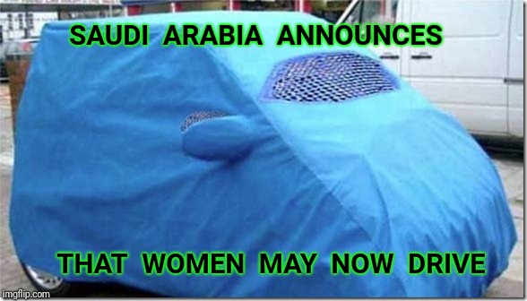 Halal! How are you? | SAUDI  ARABIA  ANNOUNCES; THAT  WOMEN  MAY  NOW  DRIVE | image tagged in burka,saudi arabia,saudi,women,islam | made w/ Imgflip meme maker