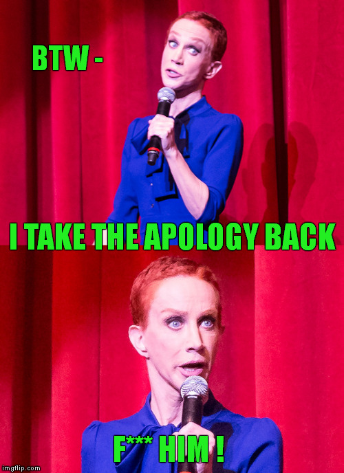 Walk Back Tour 2018 | BTW -; I TAKE THE APOLOGY BACK; F*** HIM ! | image tagged in memes,kathy griffin,apology,comeback,meme,trump family | made w/ Imgflip meme maker