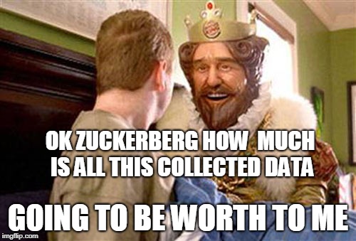 overly attached burger king | OK ZUCKERBERG HOW  MUCH IS ALL THIS COLLECTED DATA; GOING TO BE WORTH TO ME | image tagged in overly attached burger king | made w/ Imgflip meme maker