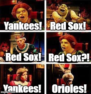 MLB's American League in a nutshell... | Red Sox! Yankees! Red Sox! Red Sox?! Orioles! Yankees! | image tagged in shrek,major league baseball,boston red sox,yankees | made w/ Imgflip meme maker