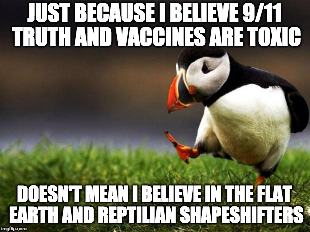 Not all conspiracy theories are created equal! | JUST BECAUSE I BELIEVE 9/11 TRUTH AND VACCINES ARE TOXIC; DOESN'T MEAN I BELIEVE IN THE FLAT EARTH AND REPTILIAN SHAPESHIFTERS | image tagged in memes,unpopular opinion puffin,9/11 truth movement,conspiracy theory | made w/ Imgflip meme maker