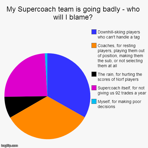 My Supercoach team is going badly - who will I blame? | Myself, for making poor decisions, Supercoach itself, for not giving us 92 trades a  | image tagged in funny,pie charts | made w/ Imgflip chart maker