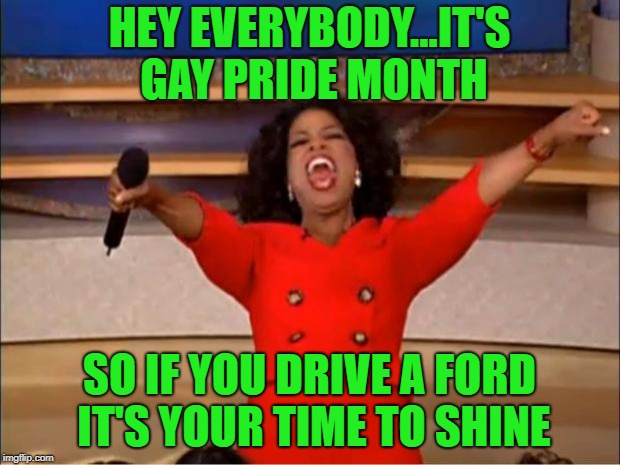 I've owned two Fords in my lifetime...but still prefer Chevys...
 | HEY EVERYBODY...IT'S GAY PRIDE MONTH; SO IF YOU DRIVE A FORD IT'S YOUR TIME TO SHINE | image tagged in memes,oprah you get a,ford,funny,chevy,gay pride month | made w/ Imgflip meme maker