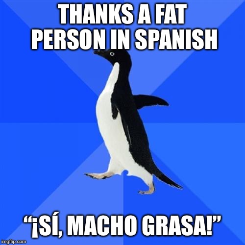 Socially Awkward Penguin | THANKS A FAT PERSON IN SPANISH; “¡SÍ, MACHO GRASA!” | image tagged in memes,socially awkward penguin | made w/ Imgflip meme maker
