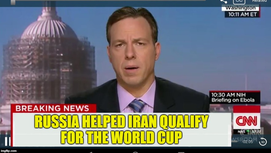 cnn breaking news template | RUSSIA HELPED IRAN QUALIFY FOR THE WORLD CUP | image tagged in cnn breaking news template | made w/ Imgflip meme maker