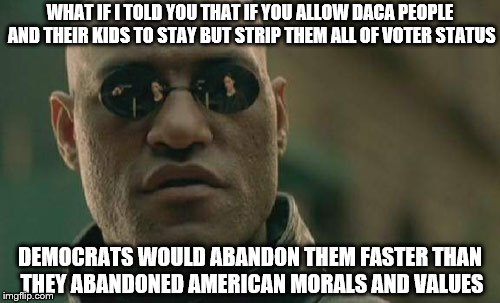The Democrat Matrix | WHAT IF I TOLD YOU THAT IF YOU ALLOW DACA PEOPLE AND THEIR KIDS TO STAY BUT STRIP THEM ALL OF VOTER STATUS; DEMOCRATS WOULD ABANDON THEM FASTER THAN THEY ABANDONED AMERICAN MORALS AND VALUES | image tagged in memes,illegal immigration,occupy democrats,daca,corruption,voter fraud | made w/ Imgflip meme maker