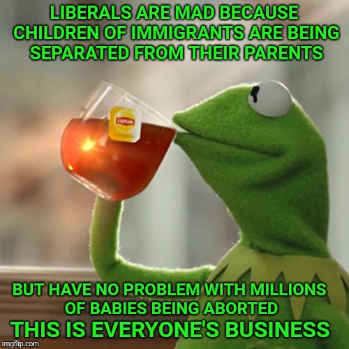 Read it and weep. | LIBERALS ARE MAD BECAUSE CHILDREN OF IMMIGRANTS ARE BEING SEPARATED FROM THEIR PARENTS; BUT HAVE NO PROBLEM WITH MILLIONS OF BABIES BEING ABORTED; THIS IS EVERYONE'S BUSINESS | image tagged in but thats none of my business,kermit the frog,abortion,liberals,illegal immigrants | made w/ Imgflip meme maker