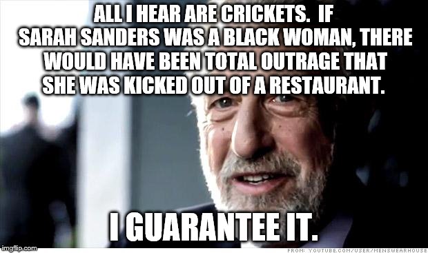 Double Standard | ALL I HEAR ARE CRICKETS.  IF SARAH SANDERS WAS A BLACK WOMAN, THERE WOULD HAVE BEEN TOTAL OUTRAGE THAT SHE WAS KICKED OUT OF A RESTAURANT. I GUARANTEE IT. | image tagged in memes,i guarantee it | made w/ Imgflip meme maker