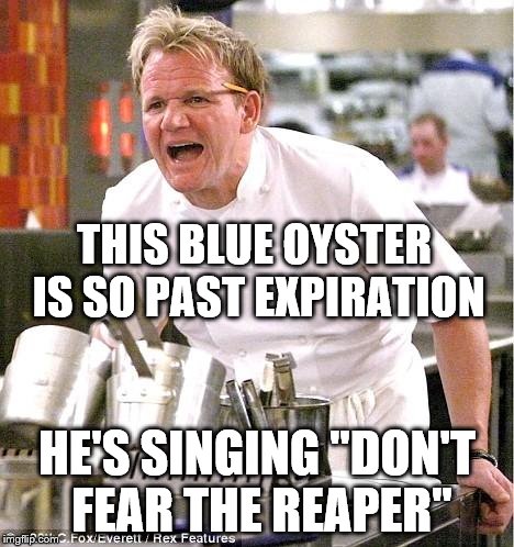 Blue Oyster Cult | THIS BLUE OYSTER IS SO PAST EXPIRATION; HE'S SINGING "DON'T FEAR THE REAPER" | image tagged in memes,chef gordon ramsay,blue oyster cult,don't fear the reaper | made w/ Imgflip meme maker