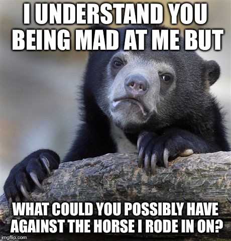 Confession Bear | I UNDERSTAND YOU BEING MAD AT ME BUT; WHAT COULD YOU POSSIBLY HAVE AGAINST THE HORSE I RODE IN ON? | image tagged in memes,confession bear | made w/ Imgflip meme maker