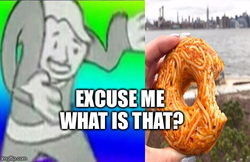 Spaghetti? | EXCUSE ME WHAT IS THAT? | image tagged in spaghetti,what the heck,stranger things,fallout 4,rainbow,donuts | made w/ Imgflip meme maker