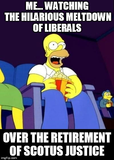 ME... WATCHING THE HILARIOUS MELTDOWN OF LIBERALS; OVER THE RETIREMENT OF SCOTUS JUSTICE | image tagged in libtards,liberals,stupid liberals,crying democrats | made w/ Imgflip meme maker