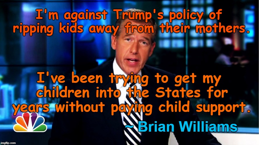 Brian Williams against Trump Immigration Policy | I'm against Trump's policy of ripping kids away from their mothers. I've been trying to get my children into the States for years without paying child support. ~ Brian Williams | image tagged in brian williams,illegal aliens,child support | made w/ Imgflip meme maker