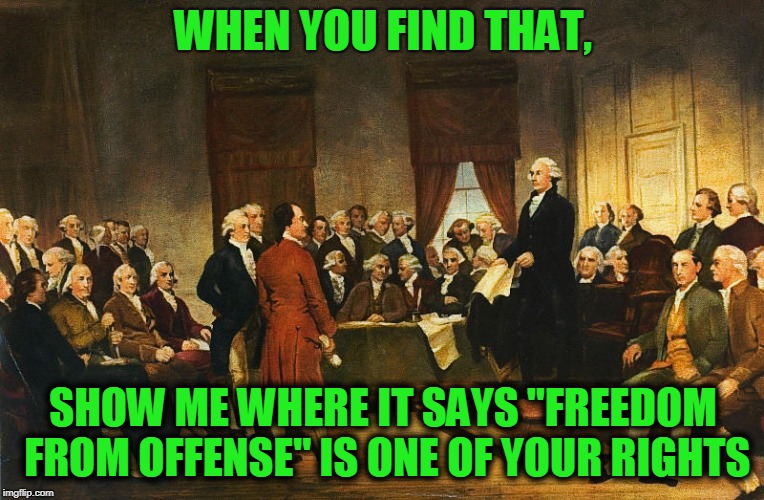 Constitutional Convention | WHEN YOU FIND THAT, SHOW ME WHERE IT SAYS "FREEDOM FROM OFFENSE" IS ONE OF YOUR RIGHTS | image tagged in constitutional convention | made w/ Imgflip meme maker