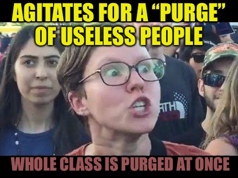 The Purge  | AGITATES FOR A “PURGE” OF USELESS PEOPLE; WHOLE CLASS IS PURGED AT ONCE | image tagged in angry sjw,the purge,purge,red pill,mgtow | made w/ Imgflip meme maker