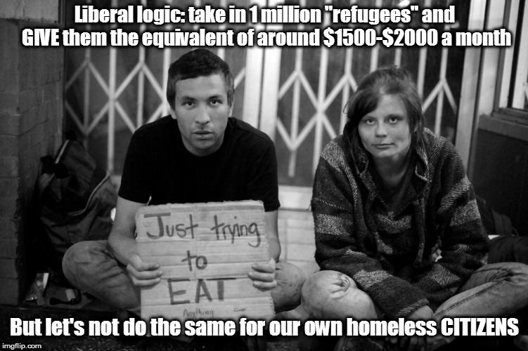 Libs want a "homeless problem" they can point at to beg for federal funding. | Liberal logic: take in 1 million "refugees" and GIVE them the equivalent of around $1500-$2000 a month; But let's not do the same for our own homeless CITIZENS | image tagged in memes,political,homeless,refugees,liberal logic | made w/ Imgflip meme maker