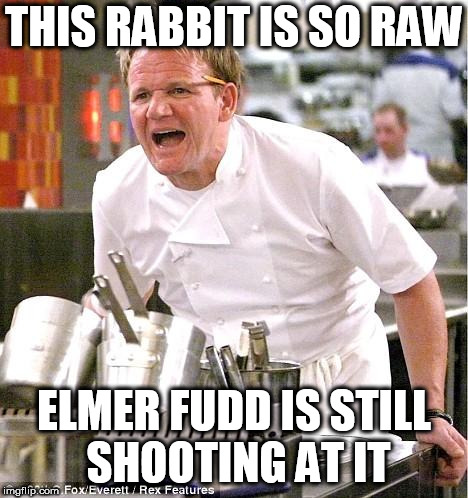Chef Gordon Ramsay | THIS RABBIT IS SO RAW; ELMER FUDD IS STILL SHOOTING AT IT | image tagged in memes,chef gordon ramsay,elmer fudd,bugs bunny | made w/ Imgflip meme maker