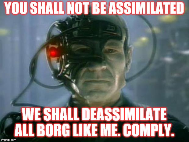 Locutus of Borg | YOU SHALL NOT BE ASSIMILATED; WE SHALL DEASSIMILATE ALL BORG LIKE ME. COMPLY. | image tagged in locutus of borg | made w/ Imgflip meme maker