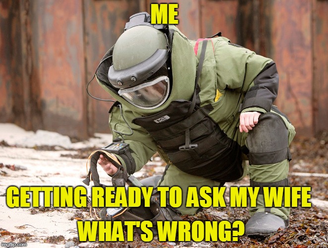 Bomb's Away | ME; GETTING READY TO ASK MY WIFE; WHAT'S WRONG? | image tagged in wife,ballistic,funny meme | made w/ Imgflip meme maker