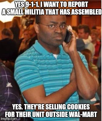 EFF You and Your Pecan Sandies | YES 9-1-1. I WANT TO REPORT A SMALL MILITIA THAT HAS ASSEMBLED; YES. THEY'RE SELLING COOKIES FOR THEIR UNIT OUTSIDE WAL-MART | image tagged in angry man on phone | made w/ Imgflip meme maker