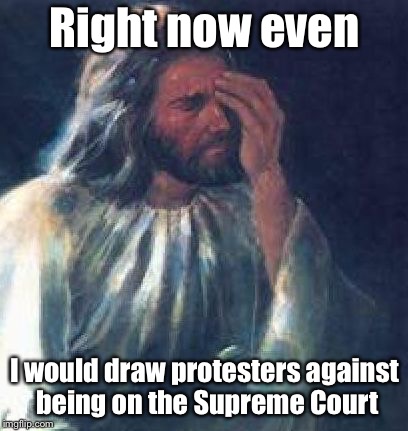 Protesting Supreme Court nominees across the board | Right now even; I would draw protesters against being on the Supreme Court | image tagged in jesus facepalm,supreme court,appointment,confirmation,protesters | made w/ Imgflip meme maker