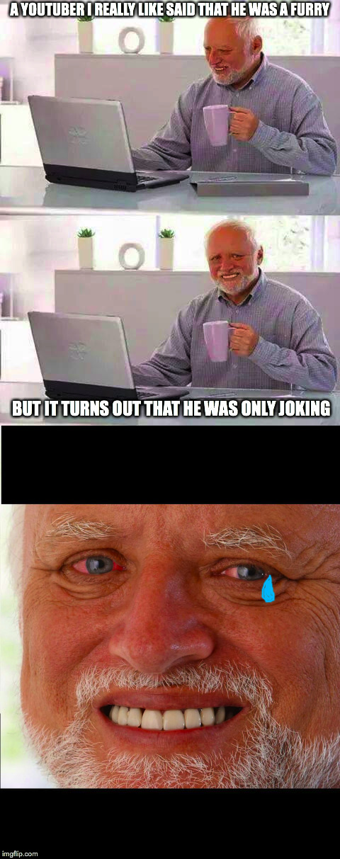 I hate it when it happens. | A YOUTUBER I REALLY LIKE SAID THAT HE WAS A FURRY; BUT IT TURNS OUT THAT HE WAS ONLY JOKING | image tagged in youtuber,furry,hide the pain harold,memes | made w/ Imgflip meme maker