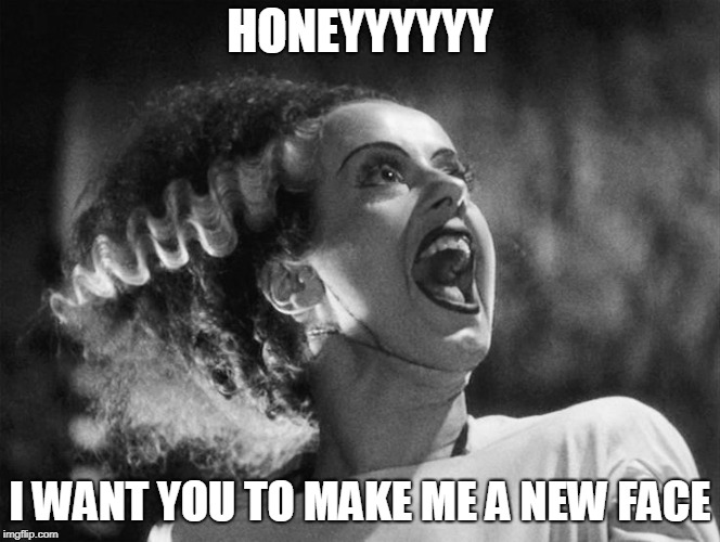 The Bride of Frankenstein | HONEYYYYYY I WANT YOU TO MAKE ME A NEW FACE | image tagged in the bride of frankenstein | made w/ Imgflip meme maker