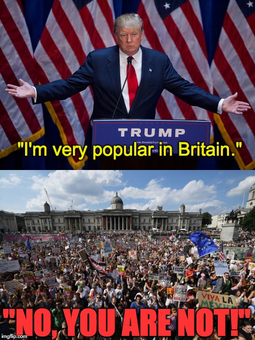 Not very popular with the brits. | "I'm very popular in Britain."; "NO, YOU ARE NOT!" | image tagged in donald trump,britain,protesters,uk | made w/ Imgflip meme maker