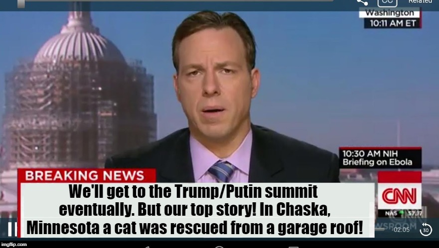 CNN Biased, err, BREAKING News! | We'll get to the Trump/Putin summit eventually. But our top story! In Chaska, Minnesota a cat was rescued from a garage roof! | image tagged in cnn breaking news template | made w/ Imgflip meme maker