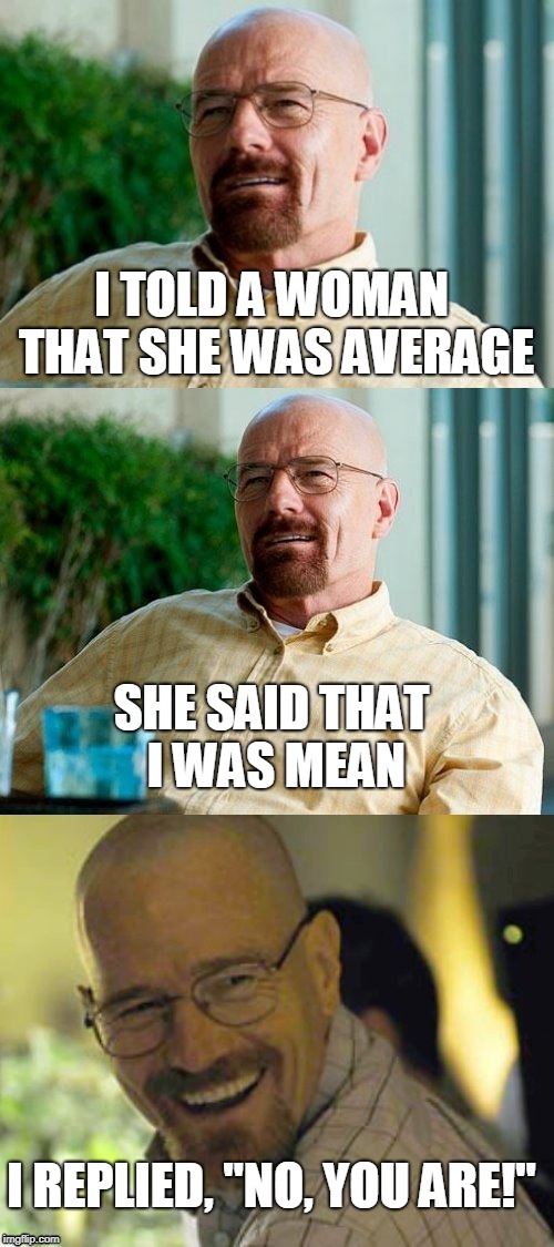 Breaking Bad Pun | I TOLD A WOMAN THAT SHE WAS AVERAGE; SHE SAID THAT I WAS MEAN; I REPLIED, "NO, YOU ARE!" | image tagged in breaking bad pun,mean,average,walter white,memes | made w/ Imgflip meme maker
