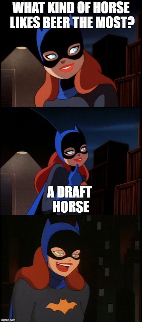 Hope you get this guys | WHAT KIND OF HORSE LIKES BEER THE MOST? A DRAFT HORSE | image tagged in bad pun batgirl,beer,horse,memes,funny,draft | made w/ Imgflip meme maker