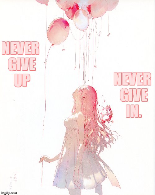 Thought for Everyone | NEVER GIVE UP; NEVER GIVE IN. | image tagged in memes,girl,balloons,never give up,never give in,thought | made w/ Imgflip meme maker