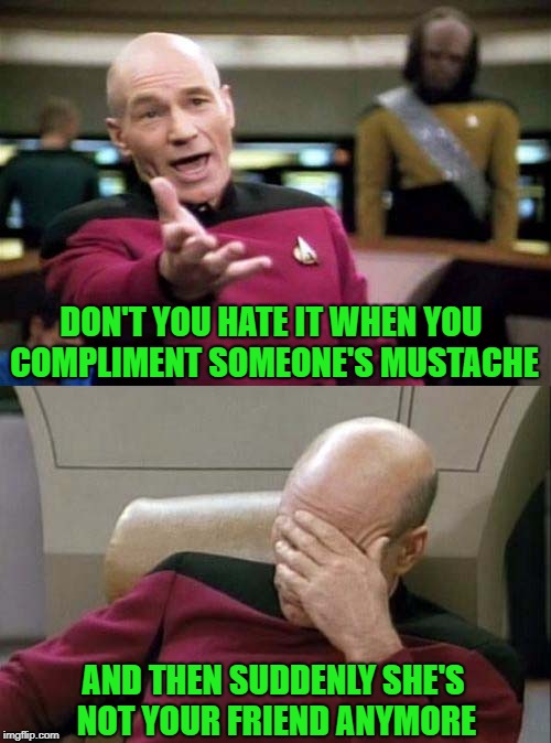 How do you women cope with kissing a man with a mustache? | DON'T YOU HATE IT WHEN YOU COMPLIMENT SOMEONE'S MUSTACHE; AND THEN SUDDENLY SHE'S NOT YOUR FRIEND ANYMORE | image tagged in picard double,memes,mustache,funny,star trek,5 dollar shave club | made w/ Imgflip meme maker